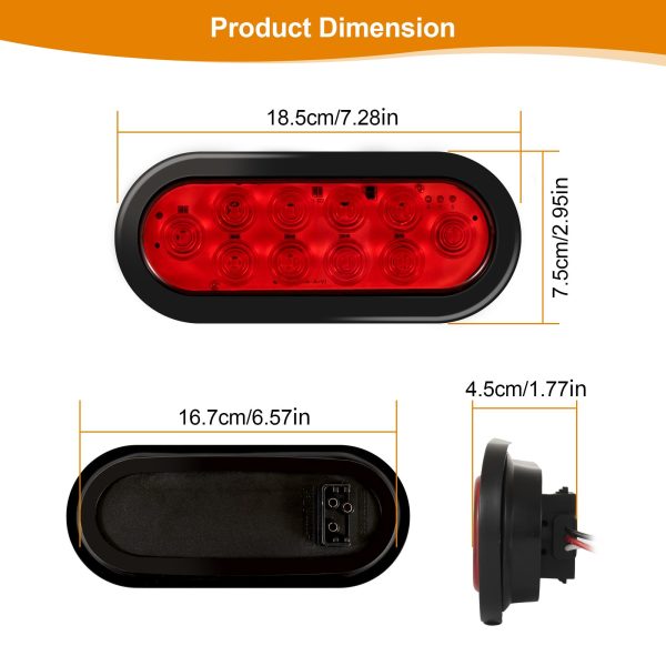 Emlimny Led Trailer Lights Kit,2Pcs 6" Oval Tail Lights 10 LED Marker Lights Brake Lights Stop Turn Side Utility Tail Lights Waterproof Hitch Light for Truck Trailer RV Boat,Red - Image 3