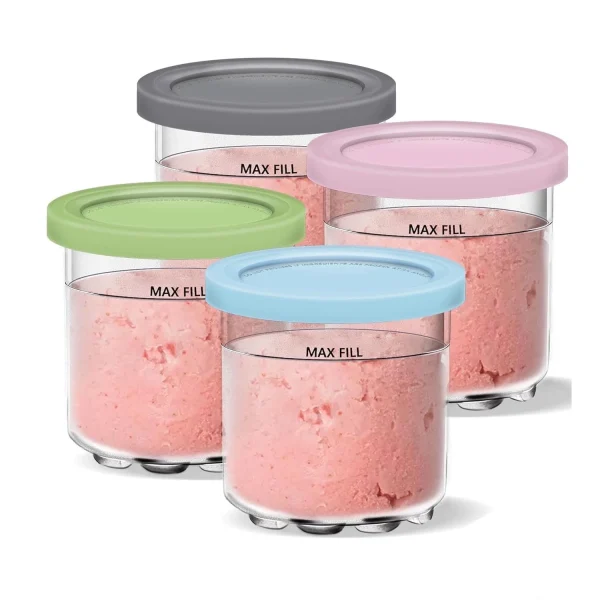 4 Pack,Creami Pints and Lids for Ninja, Creamy Icecream Containers Cups Jars Tubs Canisters Set, Smoothie Pot Compatible with NC299AMZ & NC300s Series Creamer Ice Cream Maker Machine Accessories