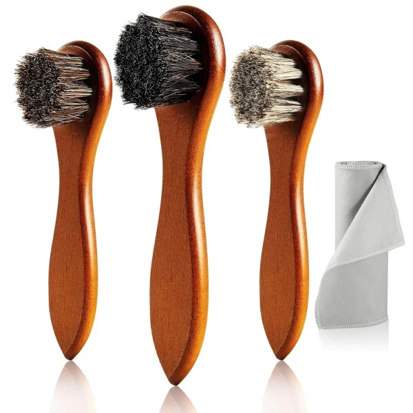 4-Piece Horse Hair Shoe Brush Shine Kit, with Microfiber Shoe Cloth,Shoe Polish Brush, Leather Shoes Boot Cleaning Brushes Care Clean Dauber Applicator