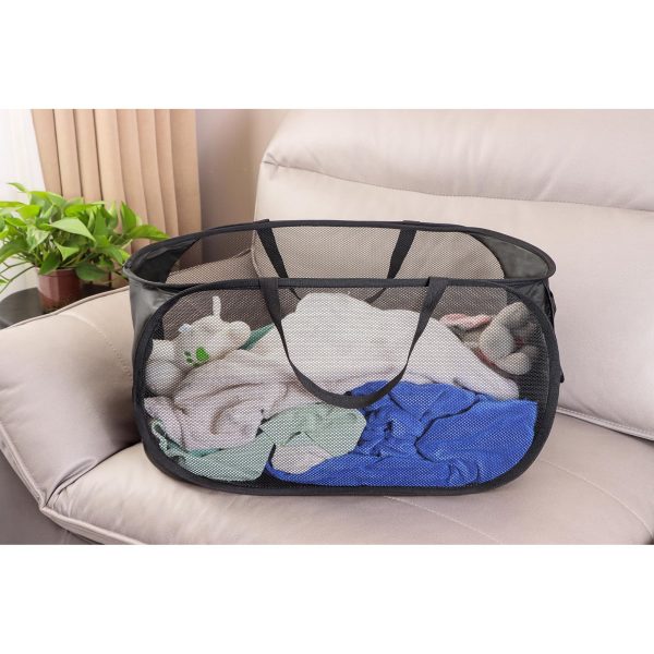 Emlimny Foldable Laundry Basket, Portable, Durable, with Strong Handles, Tear Proof, Mesh Fabric, Black - Image 2