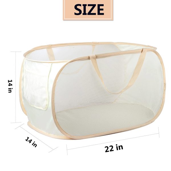 Emlimny Foldable Laundry Basket, Portable, Durable, with Strong Handles, Tear Proof, Mesh Fabric, Beige - Image 2