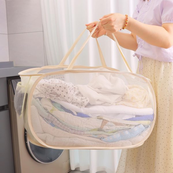 Emlimny Foldable Laundry Basket, Portable, Durable, with Strong Handles, Tear Proof, Mesh Fabric, Beige - Image 3