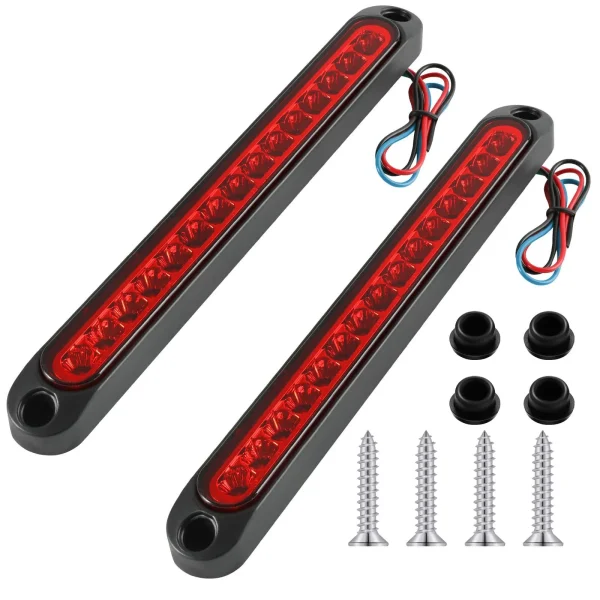 Emlimny 2 Pieces 10 Inch 15 LED Trailer Tail Light Bar Stop Turn Assembly Third Brake Strip 24-volt Identification Light for Marine Boats Trucks Pickups (Red Cover)