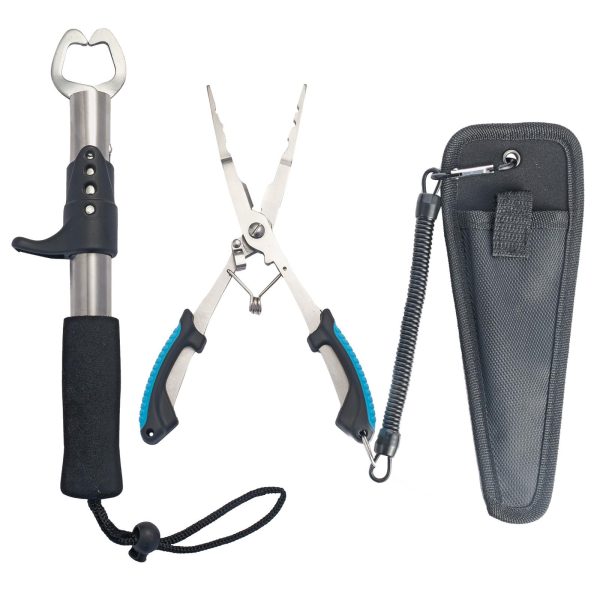 Emlimny Fishing Gear Set - Long Nose Stainless Steel Fishing Pliers 8.5", Fish Lip Gripper, Telescopic Lanyard & Sheaths - Multi-Function Saltwater Resistant Fishing Tools