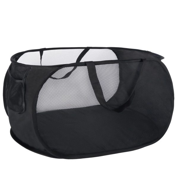 Emlimny Foldable Laundry Basket, Portable, Durable, with Strong Handles, Tear Proof, Mesh Fabric, Black