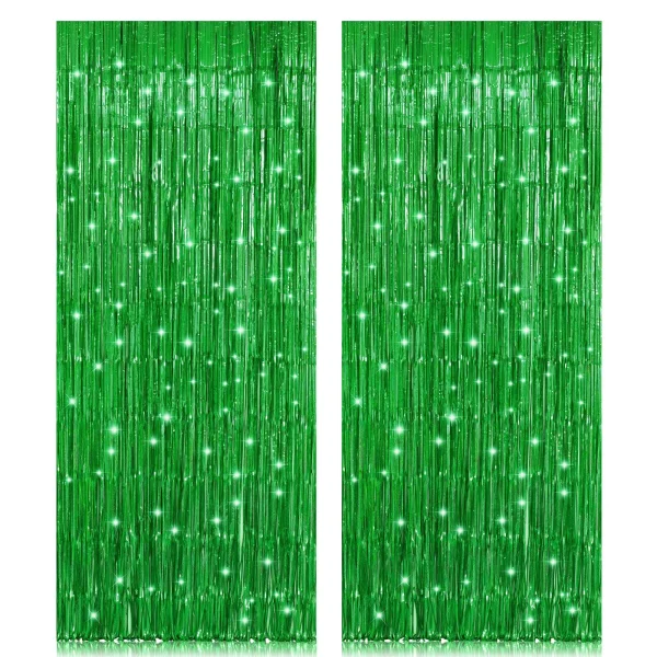 Green Foil Fringe Curtain, Holytech 2 Pack 3.2ft x 8.2ft Metallic Tinsel Foil Fringe Rain Curtain Streamers Photo Backdrop for St Patricks Day Decorations Birthday Christmas Party Decor