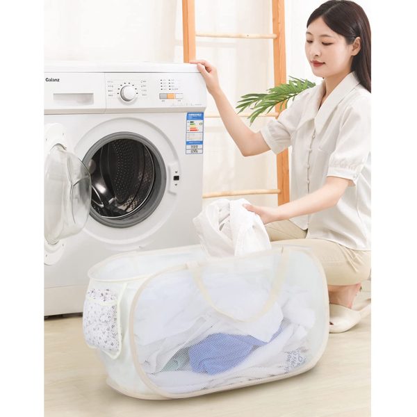 Emlimny Foldable Laundry Basket, Portable, Durable, with Strong Handles, Tear Proof, Mesh Fabric, Beige - Image 4